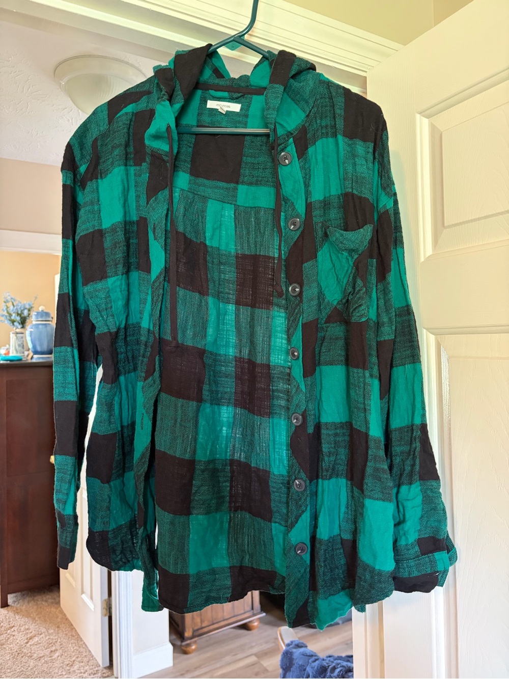 Maurices Green and Black Plaid Button-Down Hooded Shirt